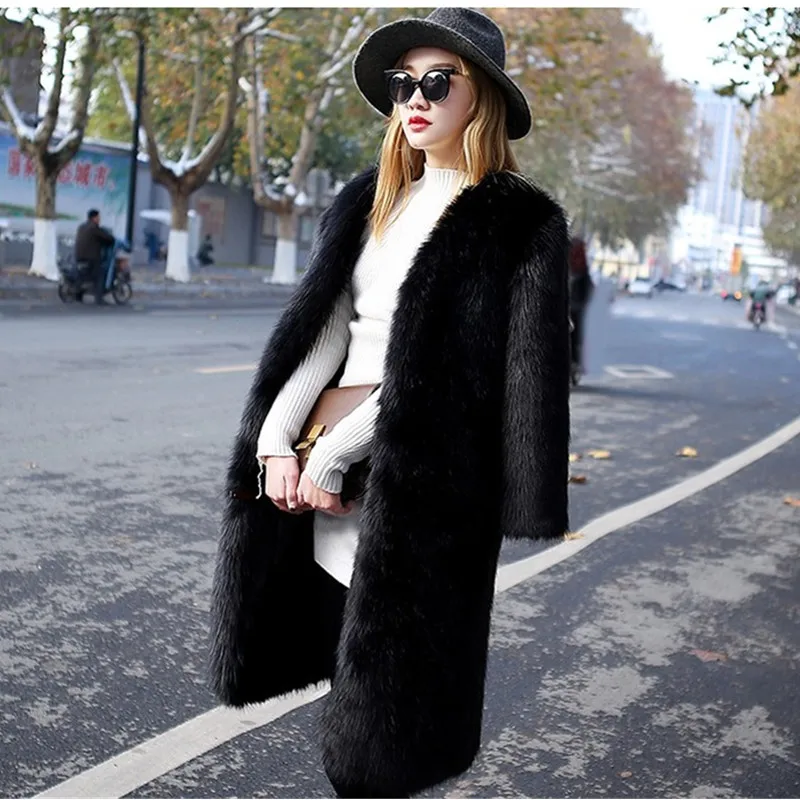 

UHYTGF Elegant Long Faux Fur Coat Women High quality Imitation fox fur fur Jacket Ladie Plus size Outerwear Winter Warm Coat 933