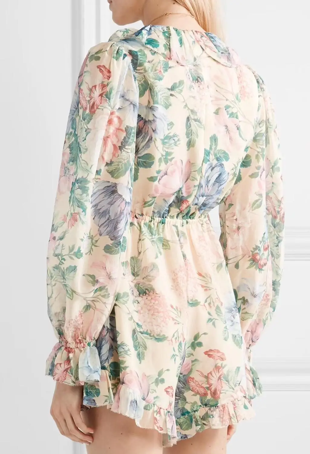 Women's New Summer Linen+ Silk Printing V-neck Long Sleeve Lacing Ruffle Fashion Playsuits
