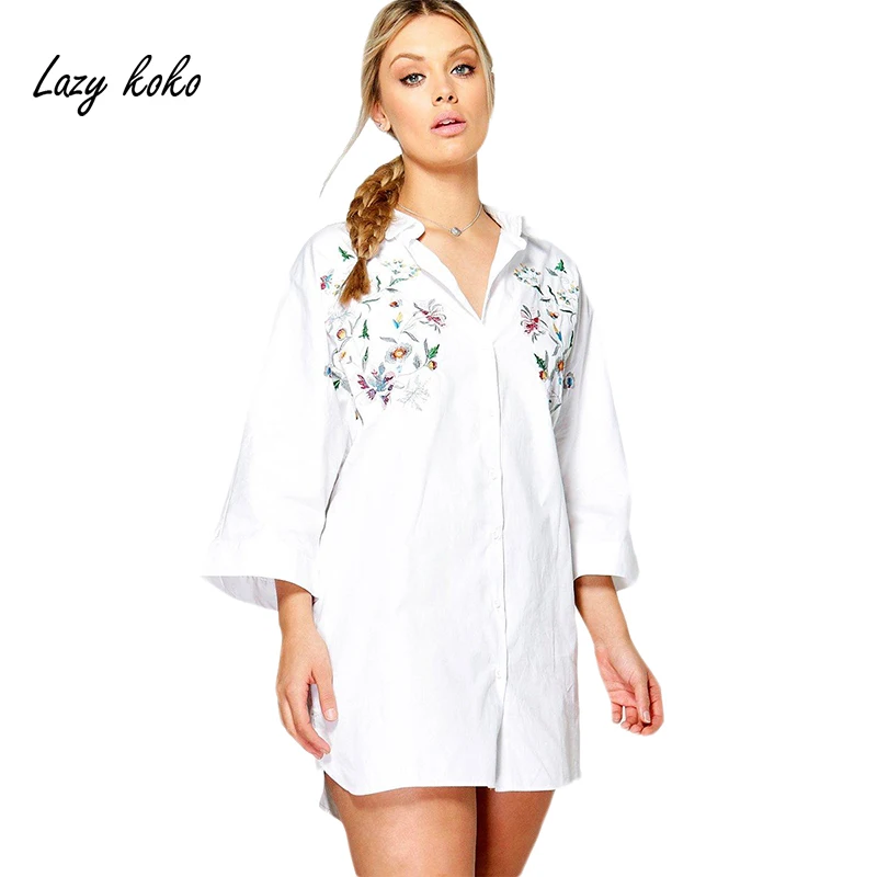 Ленивый KOKO Plus Размеры Foral Вышивка Однотонная рубашка Для женщин девять четверти