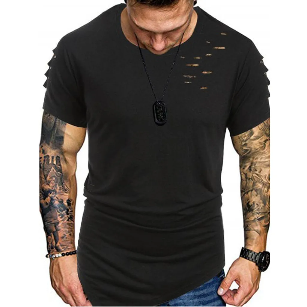 Новинка 2019 летняя мужская футболка модная Однотонная в стиле панк с коротким