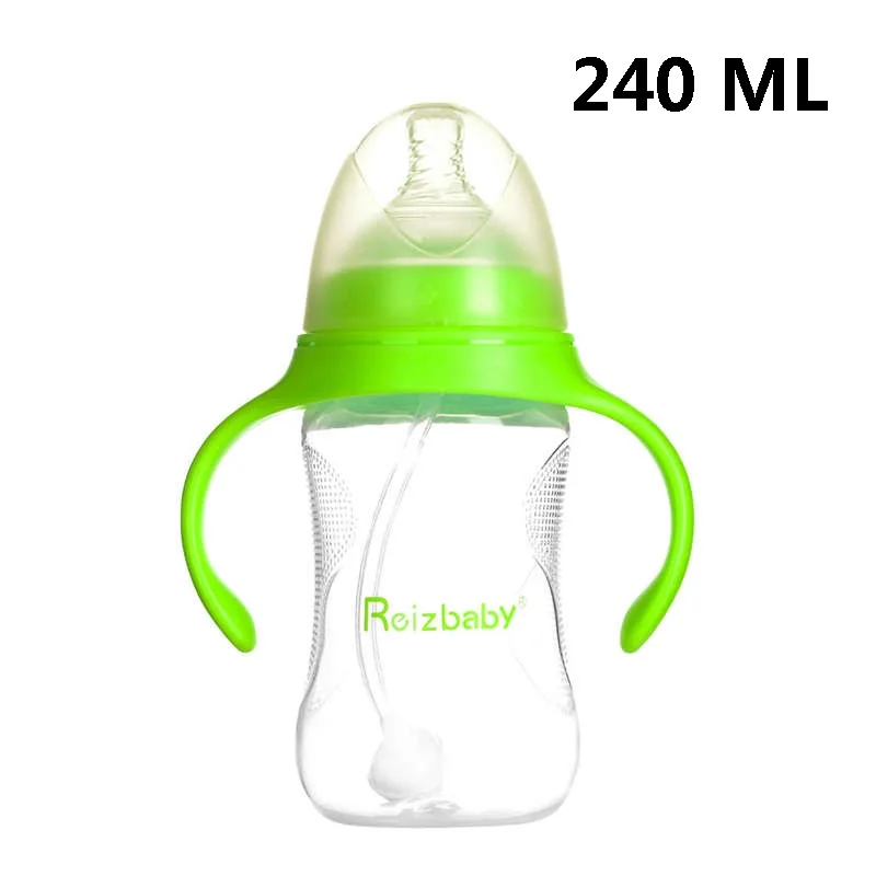 Green 240ml Детская Бутылочка 240 мл/300 мл для новорожденного сока, молока, пластиковая широкая чашка с ручкой для питья 0-18 месяцев, забота о ребенке, уход за ребенком - Color: Green 240ml