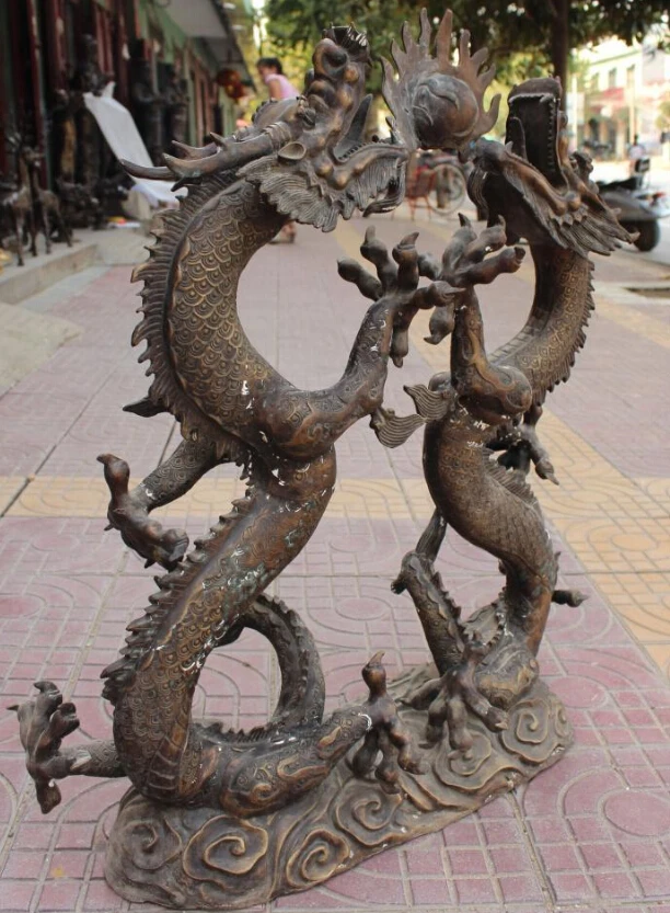 WBY 32&quot Vintage Chinese Bronze Animal Emperor Royalty 2 Dragon Play Ball States | Дом и сад