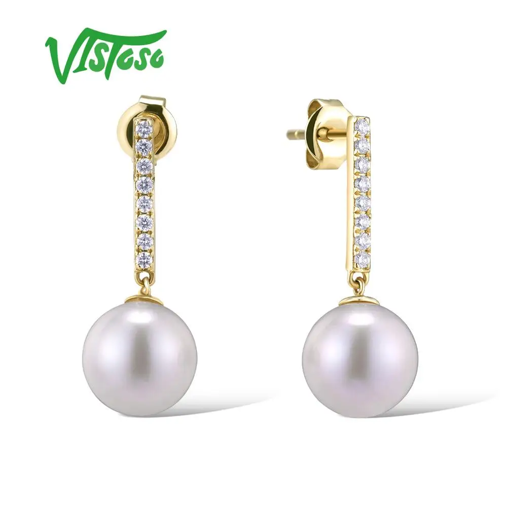 VISTOSO чистый 14K 585 желтый/белое золото серьги для Для женщин, украшенные сверкающим бриллиантом пресной воды Жемчужное уникальный Мода элегантные ювелирные украшения