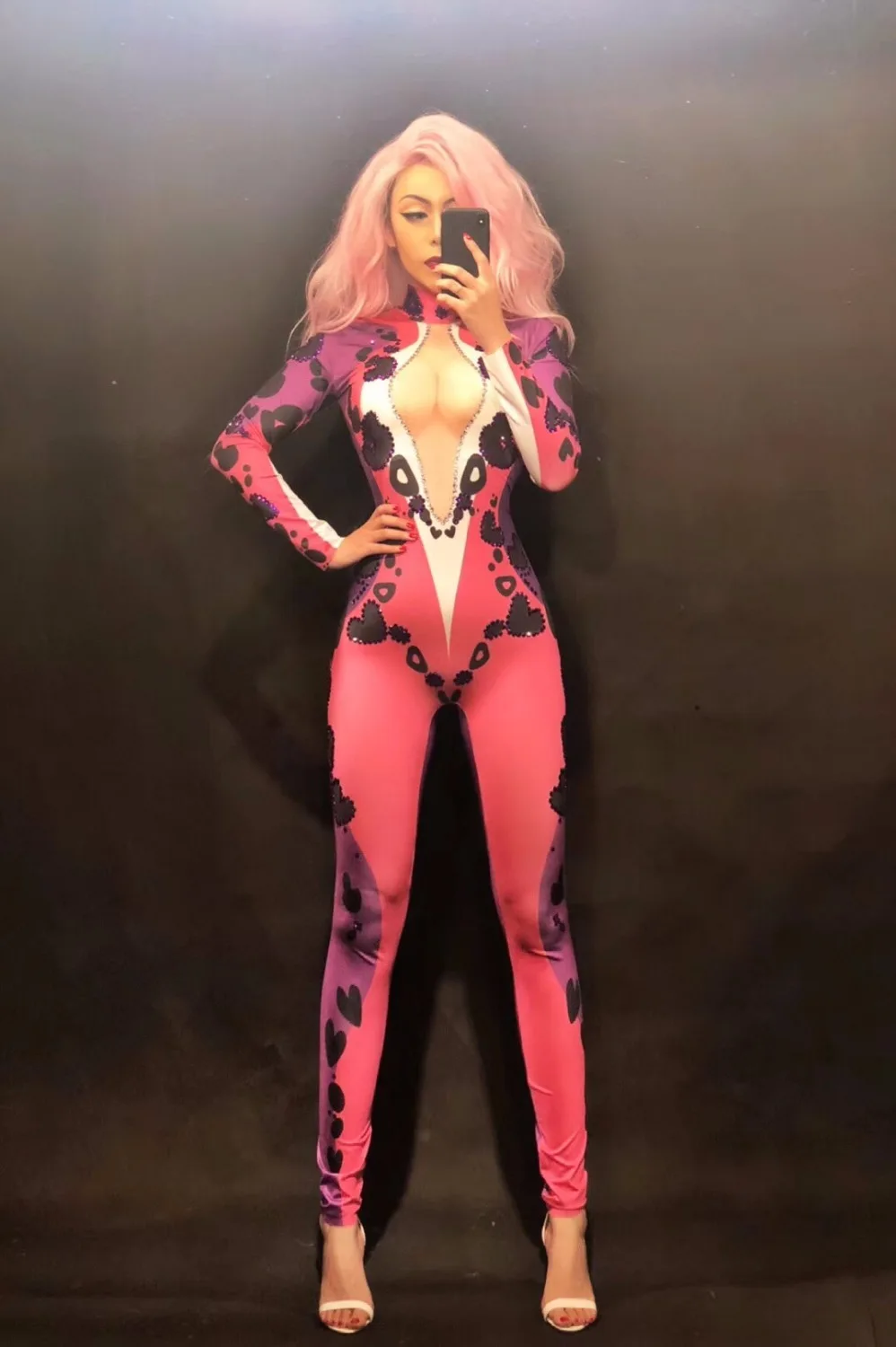 Women Sexy Nightclub Costumes for Singer Red 3D Printed Black Flower Sparkling Crystals Bodysuit Custom-Made | Тематическая одежда