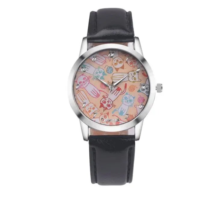 2017 брендовые винтажные кожаные часы с милым котом повседневные Модные женские