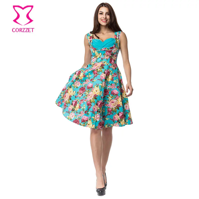 

Ocean Green Floral Print V Neck Sleeveless 50s 60s Robe Retro Vintage Rockabilly Swing Pinup Dress 2017 Plus Size Women Dresses