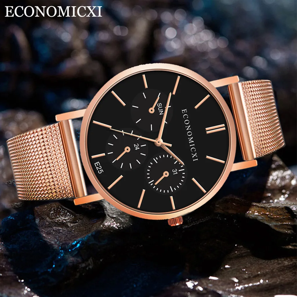 Мужские модные часы reloj hombre, простые часы из нержавеющей стали с тремя глазами, маленький циферблат, мужские кварцевые часы