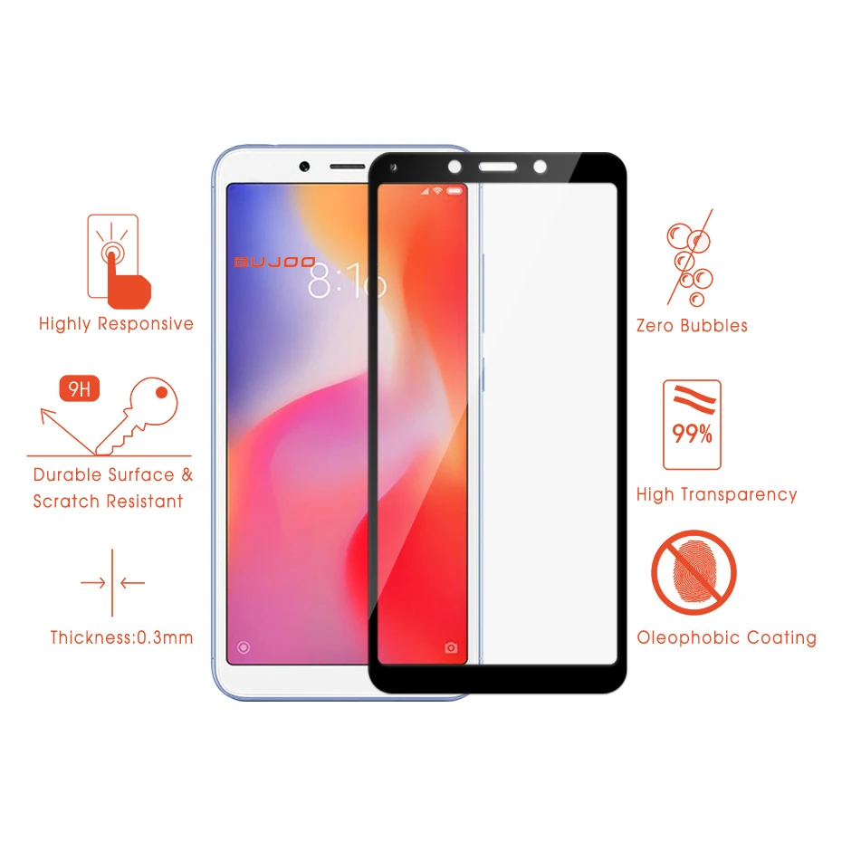 BUJOO Настоящее 2.5D полное покрытие закаленное стекло для Xiaomi Redmi 6 защита экрана Xiomi Redmi 6A 0,3 мм 9H пленка