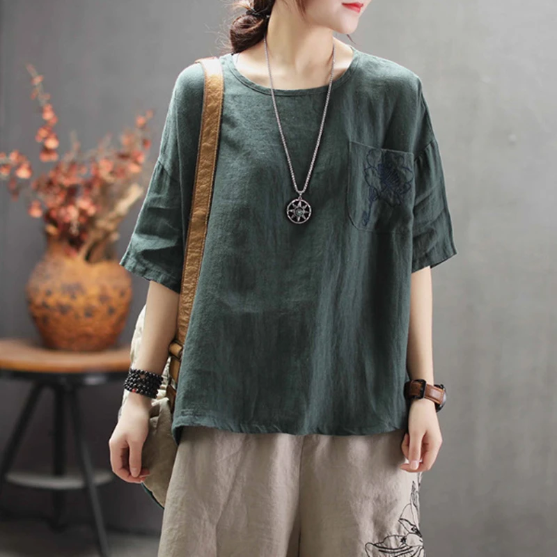 Женская футболка с вышивкой Johnature летняя свободная круглым вырезом и рукавом три