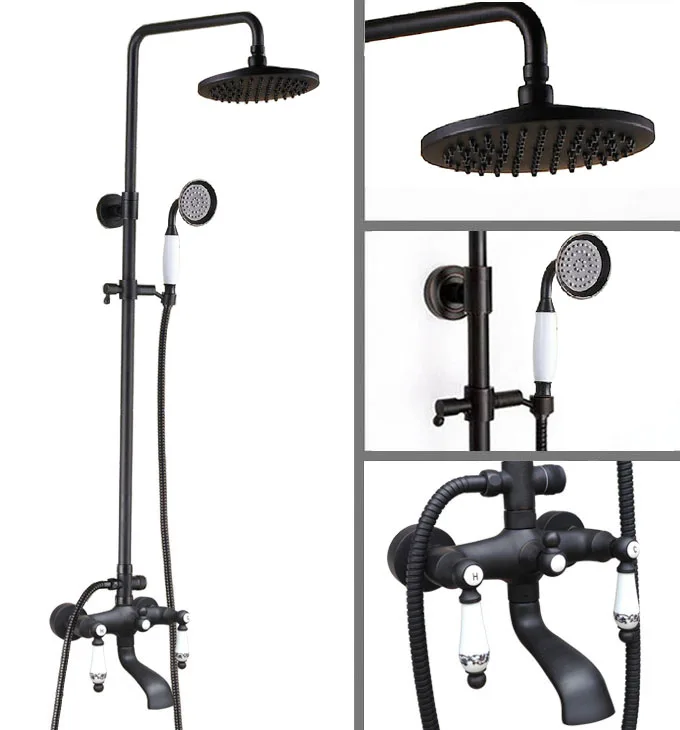 

Black Oil Rubbed Brass Dual Ceramic Handles Bathroom 8 Inch Round Rain Shower Faucet Set Bath Tub Mixer Tap Hand Shower mhg126