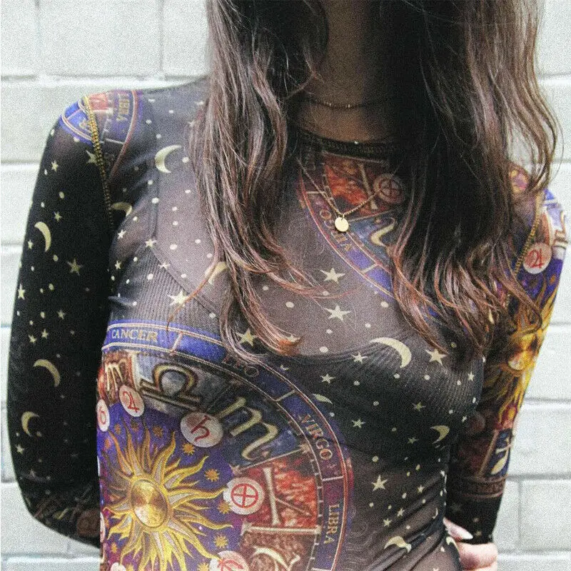 Сексуальное Новое Женское Платье с принтом Солнца и Луны Сетчатое прозрачное