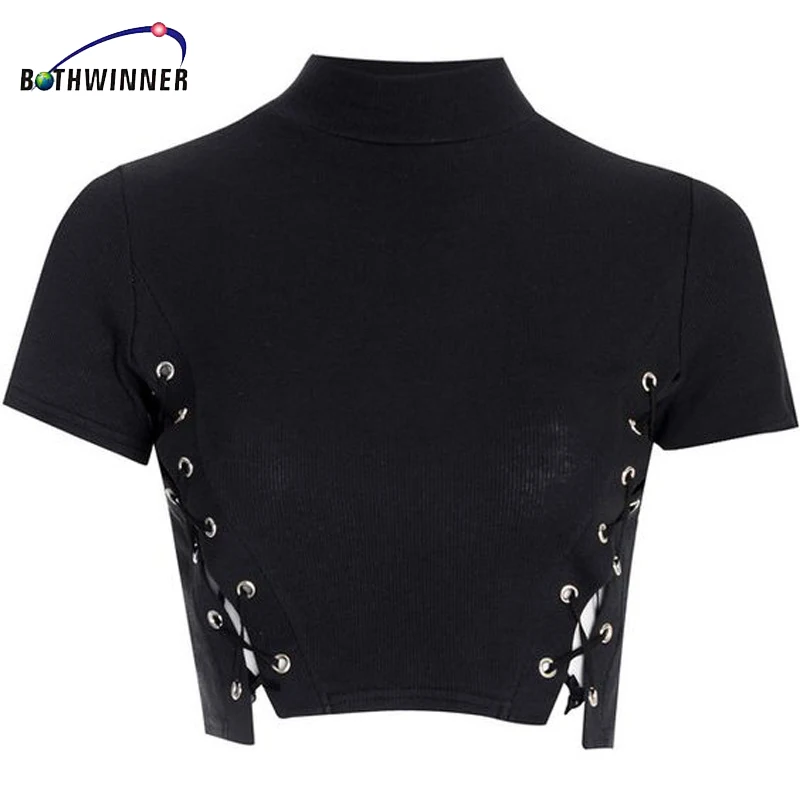 Женский короткий топ на шнуровке Bothwinner черный сексуальный с коротким рукавом