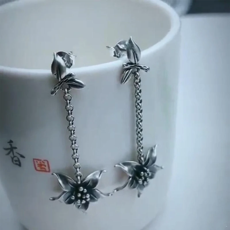 Женские серьги подвески из серебра 925 пробы в виде цветка|Серьги-подвески| |