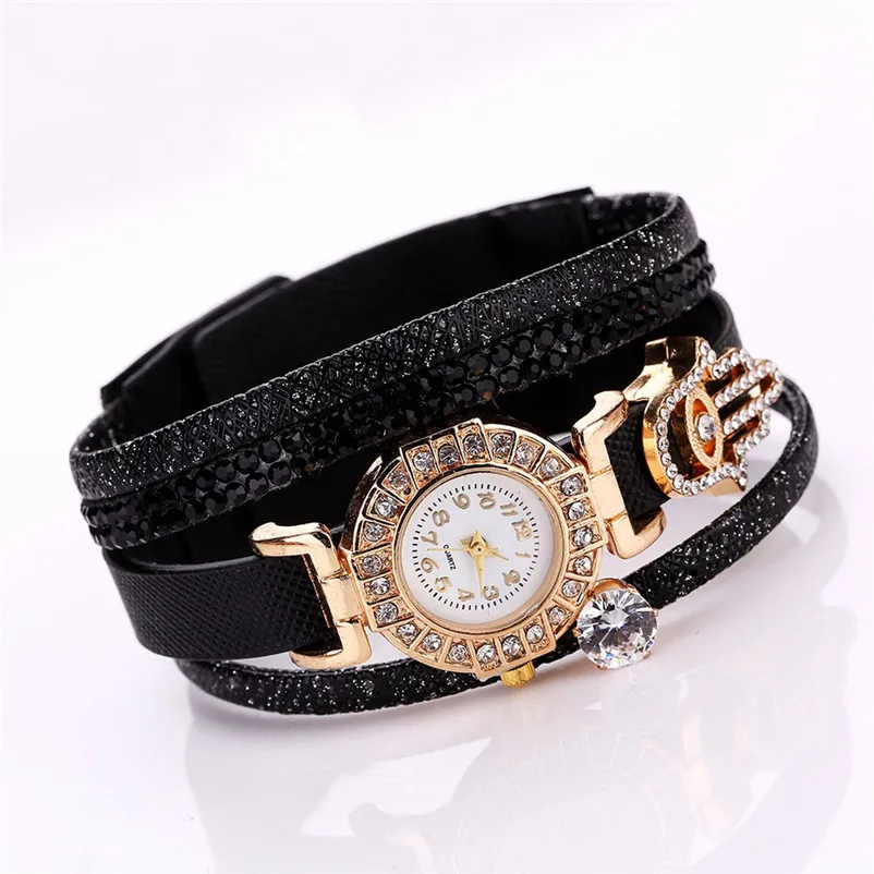 Black Fashion Woman Watches Crystal Faux Leather Strap Band Analog Quartz Wrist Watch Bracelet Female Clock Reloj Mujer C3 | Наручные