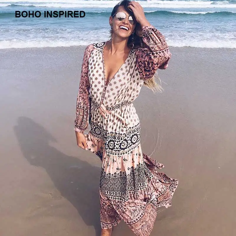 BOHO INSPIRED rayon богемное Цветочное платье с длинным рукавом кулиской на талии длинное