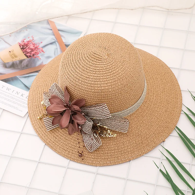 Женская пляжная шляпа с большим цветком элегантная Солнцезащитная жемчугом