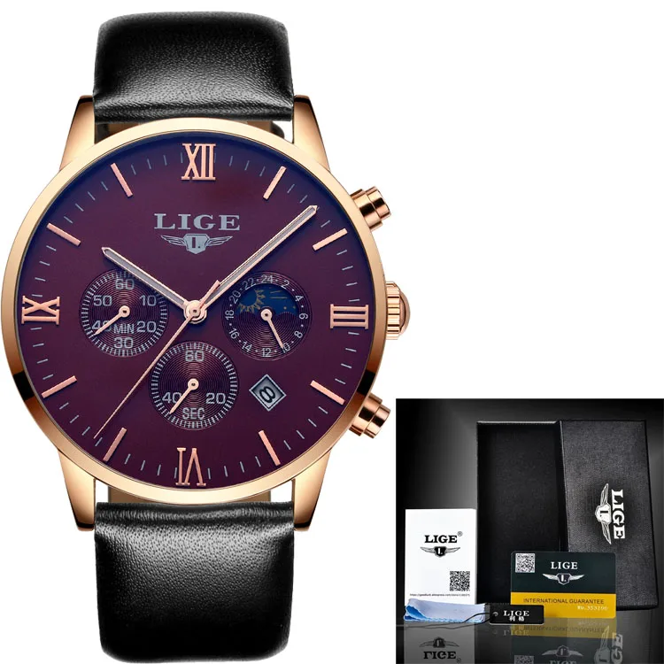 Мужские часы Топ бренд класса люкс LIGE Moon Phase полностью стальные часы мужские бизнес Модные кварцевые часы мужские спортивные часы Relogio - Цвет: L gold brown