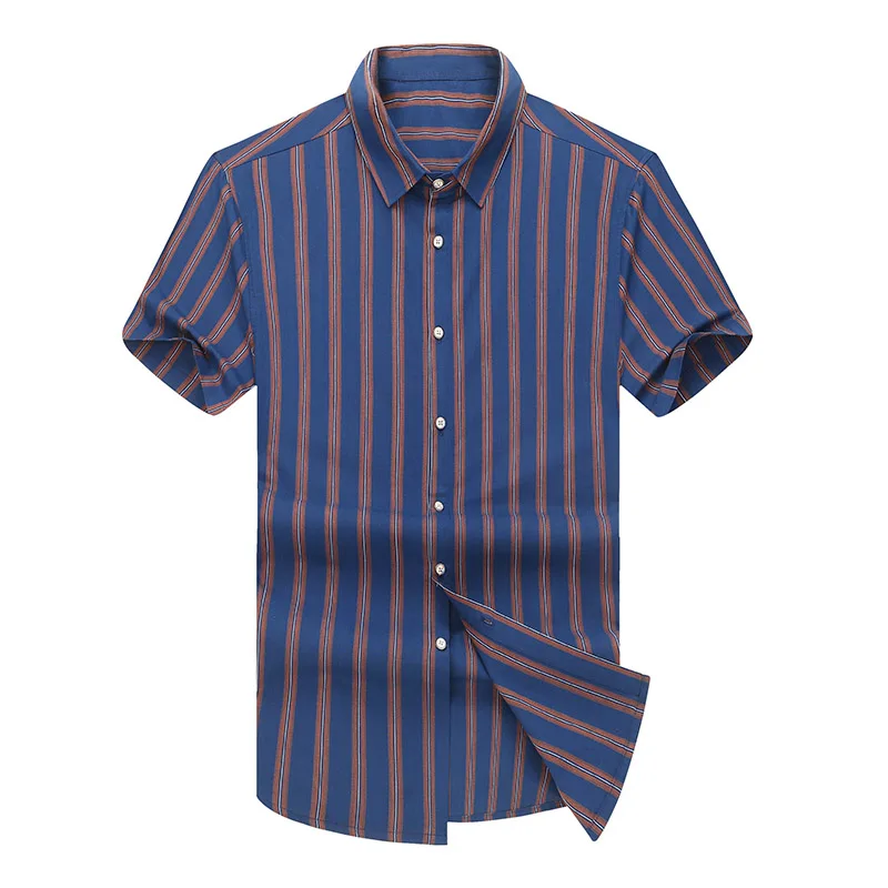 

Plus Size 7XL 6XL 5XL Mens Business Casual Short Sleeve Striped Shirt Button UP Cotton Male Red Blue Social Dress Shirts