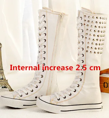 white 1 plus 2.5 cm Новые модные женские парусиновые сапоги 3 цветов сапоги до колена на молнии с заклепками обувь на плоской подошве Повседневные высокие сапоги в стиле панк для девушек - Цвет: white 1 plus 2.5 cm