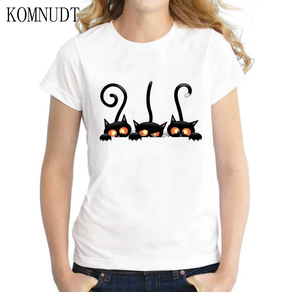 Komnudt женский летний мультфильм Черный кот Обувь для девочек футболка прекрасный