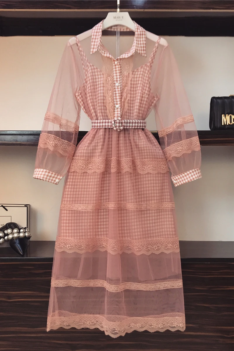 ALPHALMODA 2019 перспективное кружевное платье + в клетку комплект из 2 предметов