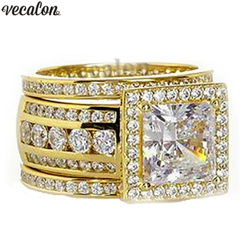 Vecalon Princess cut 3 в 1 набор колец с желтым золотом 925 серебро 5A Циркон Cz обручальное кольцо кольца для мужчин и женщин подарок - Цвет основного камня: Gold