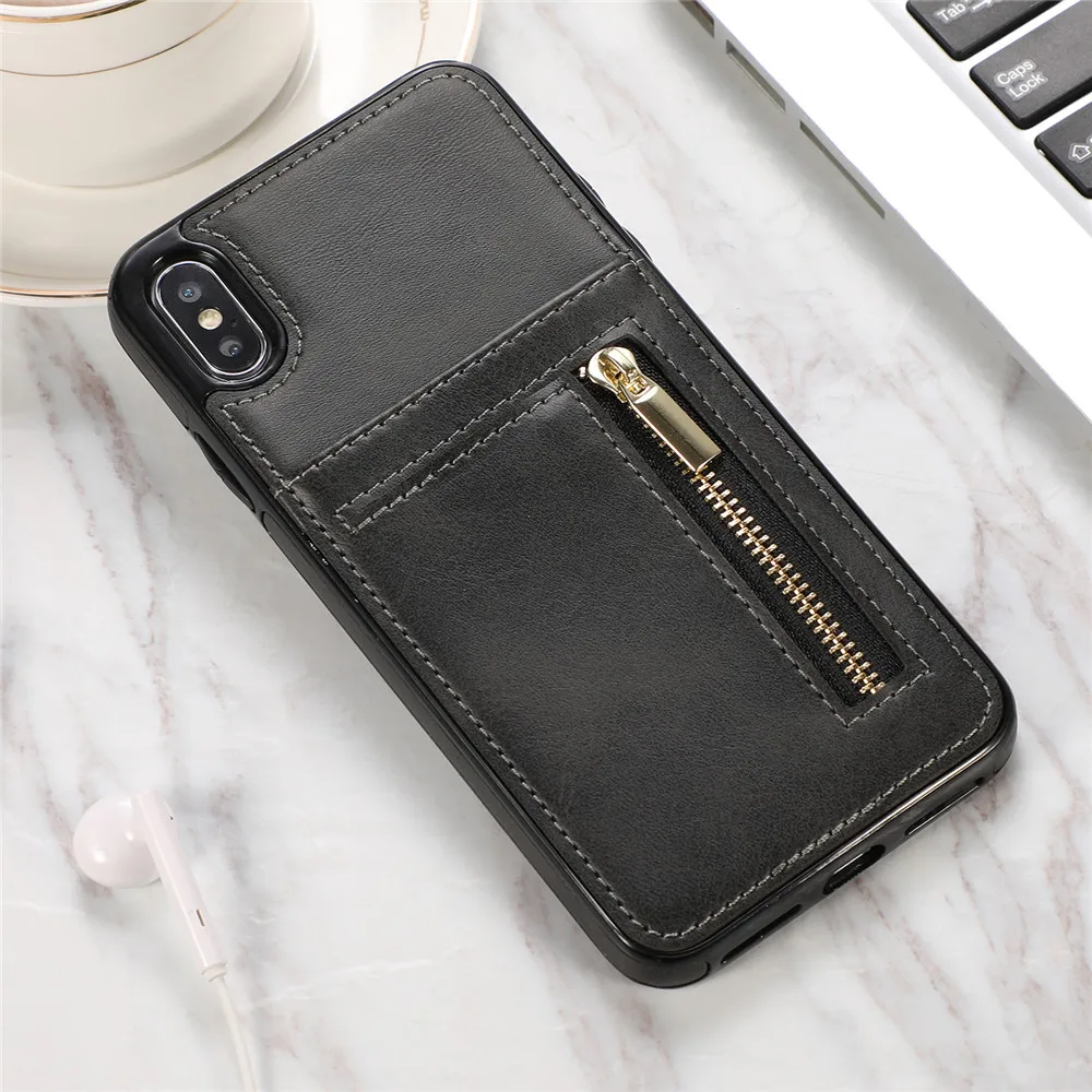 Black zhiyue Тонкий держатель для карт чехол для Iphone Xs 11 pro Max xr кожаный кошелек на молнии противоударный силиконовый чехол для Iphone 5 5S 8 7 6 6s Plus - Цвет: Black zhiyue