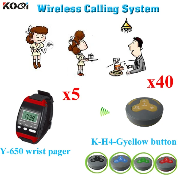 

Customer Service Call System For Restaurant / Hospital Calling Service 5pcs Wrist Watch Pager Y-650 And 40pcs Button Transimtter