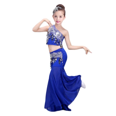 Songyueixia/Детские костюмы для танца живота для девочек, 3 предмета, женский жилет с открытыми плечами, юбка в виде рыбьего хвоста, дизайн с блестками, Детский костюм для костюмированной вечеринки - Цвет: Синий