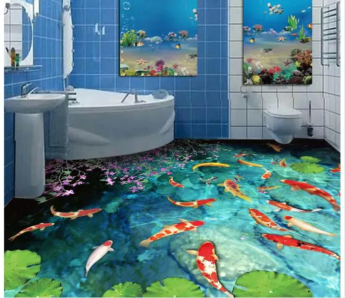 3d фотообои на заказ обои для рисования пола вода пруд карп ванная комната туалет 3