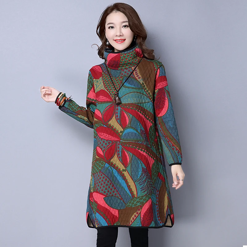 Для женщин негабаритных высоким воротом ацтеков Цветочные Принг хлопок мягкий