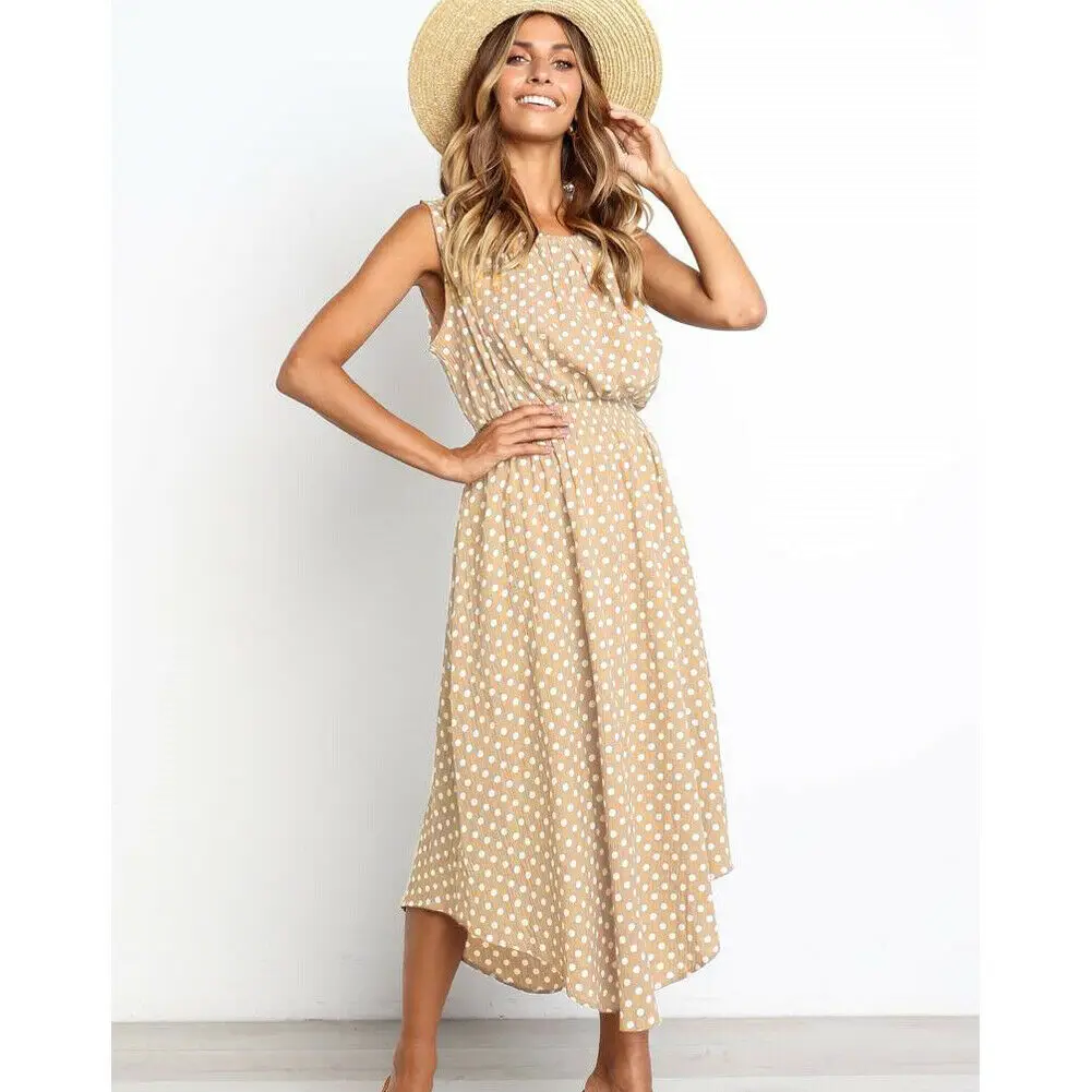 Модное женское летнее Бохо длинное платье макси в горошек вечернее пляжное