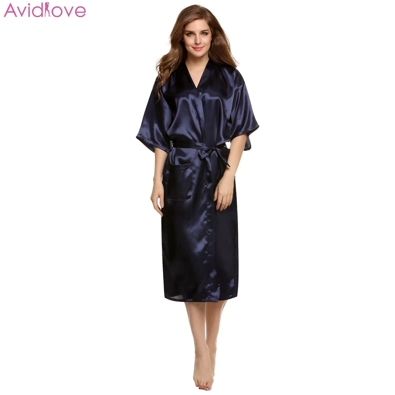 dark blue Avidlove Женский Большой размер сексуальный атласный ночной халат кружевной халат идеально подходит для свадьбы, невесты, подружки невесты пеньюары домашний халат для женщин - Цвет: dark blue