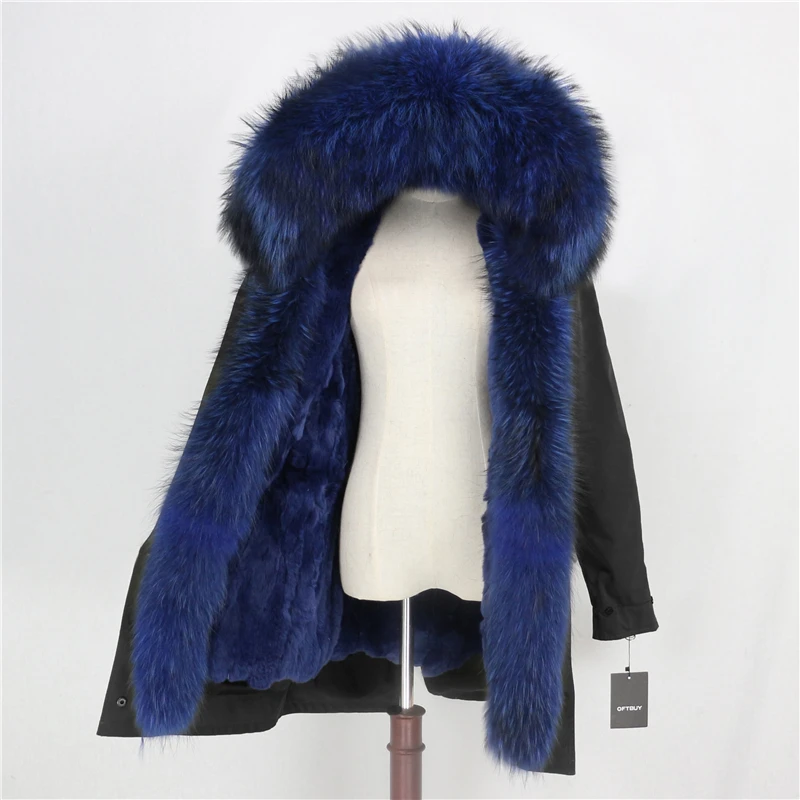 black light blue E Длинная парка OFTBUY, водонепроницаемая верхняя одежда, пальто с натуральным мехом енота, Воротник из лисьего меха, капюшон, подкладка из кроличьего меха, Толстая теплая уличная одежда - Цвет: black light blue E