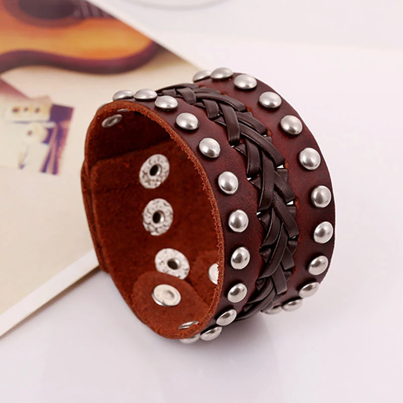 New Arrivals Retro Punk Rivet Real Genuine Leather Woven Black/Brown Adjustable Wristband Cuff Bracelets Bangles Unisex Jewelry | Украшения