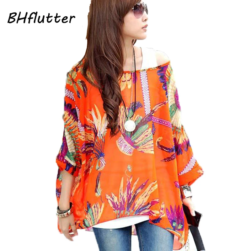 Новинка стиля 2015 Женское шифоновое летнее мини платье туника с цветочным принтом