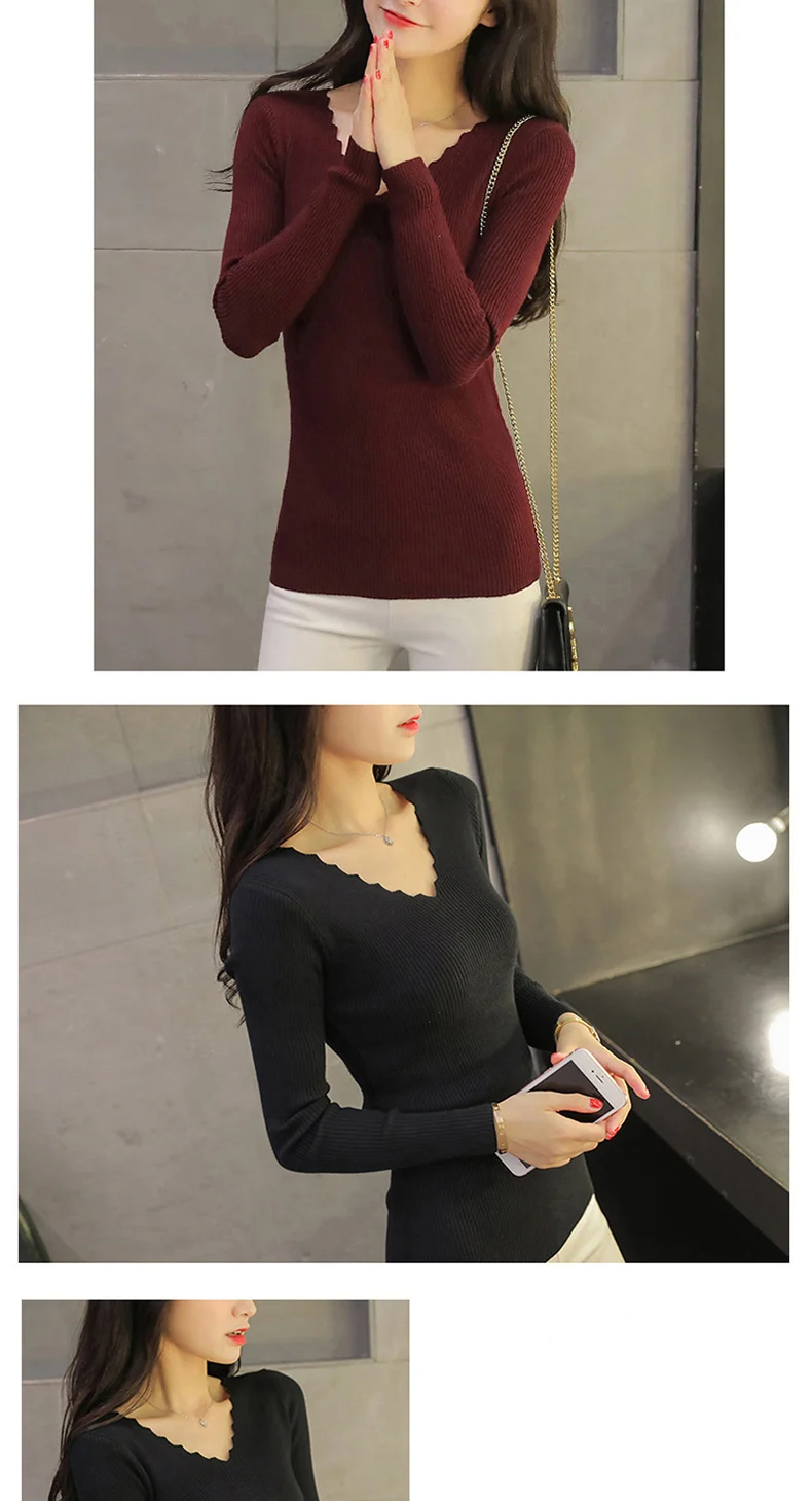 Pull Femme Hiver, Осень-зима, вязаные женские свитера и пуловеры, v-образный вырез, длинный рукав, одноцветные, тонкие, женские топы, Chandail Femme