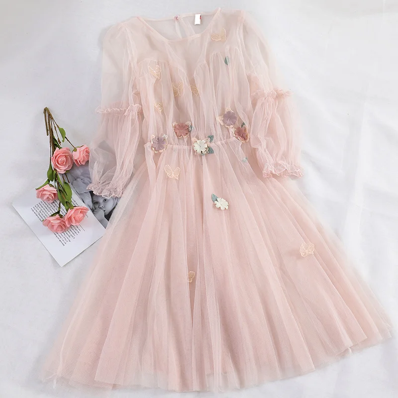 Neploe/весеннее милое платье для девочек, приталенное платье, Vestido+ Camis, 2 предмета, г., вышивка, Бабочка, круглый вырез, рукав-фонарик, сетка, Jupe 43016