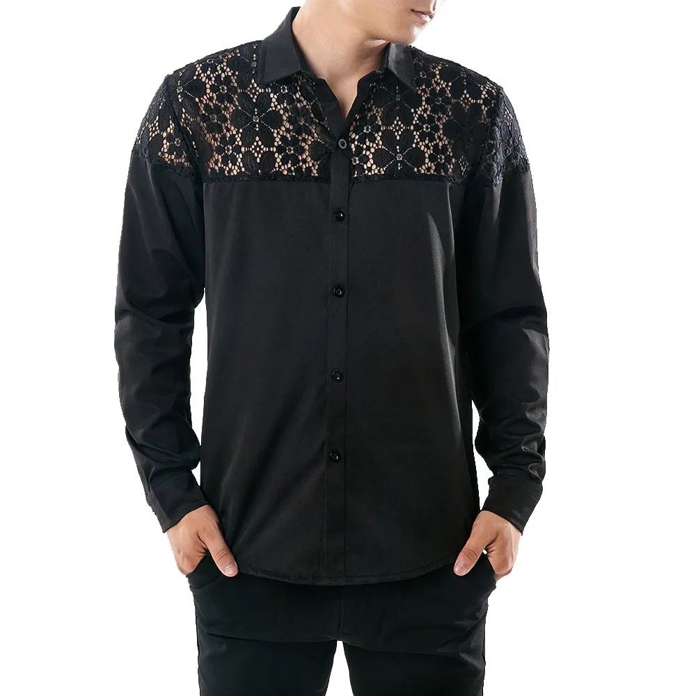 

Мужская Осенняя Повседневная кружевная рубашка, мужская рубашка с длинным рукавом, Camisas Hombre Manga Larga, рубашка с вырезом, топ, блузка #4O16 # F