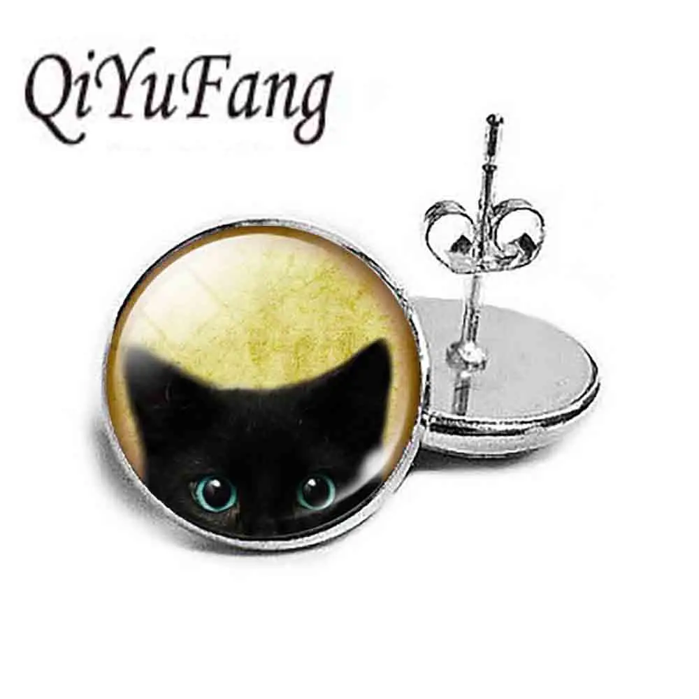 Уникальное ожерелье стеклянный кабошон сталь бронза цепочка серьги Черный кот