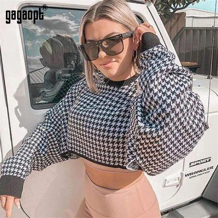 Gagaopt, осенне-зимняя клетчатая толстовка, женская мода, кроп-топы, повседневные толстовки с длинным рукавом, черная толстовка с открытыми плечами, sudader