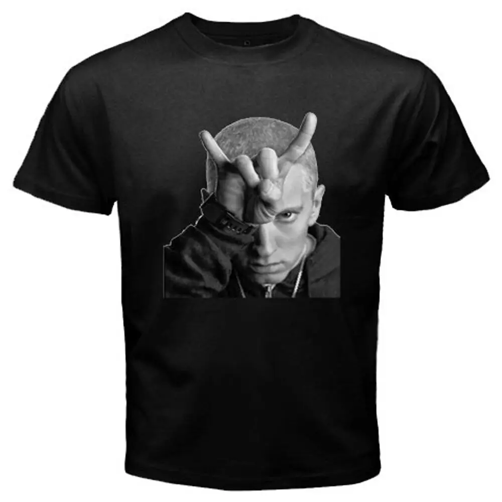 New Eminem Finger Horn Rap Hip Hop Music Men's Black T-Shirt Size S to 3XL Men Short Sleeves T Shirt top tee | Мужская одежда