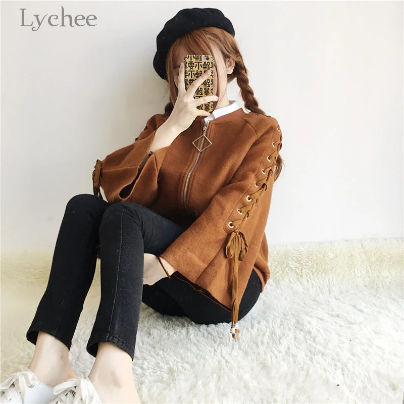 

Lychee Harajuku Autumn Winter Women Jacket Lace Up Bandage Zipper Flare Sleeve Casual Loose Coat Female