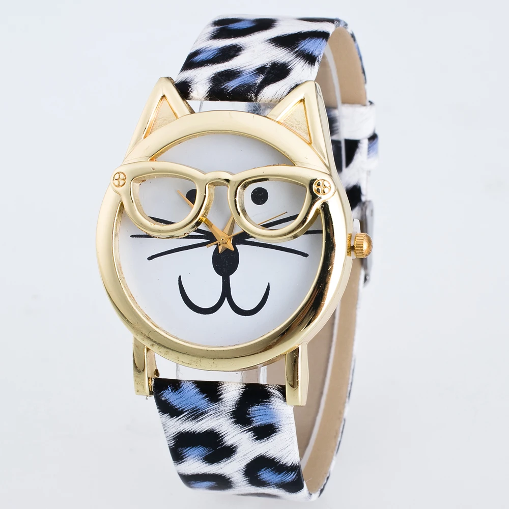 Модные женские часы милые очки Кот с леопардовым покрытием кожа Круглый
