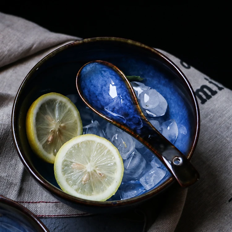 

Deep blue ceramic dinner soup spoon ketchup sauce dish spoon