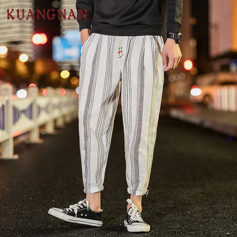 KUANGNAN полосатые льняные брюки мужские джоггеры Японская уличная одежда Джоггеры