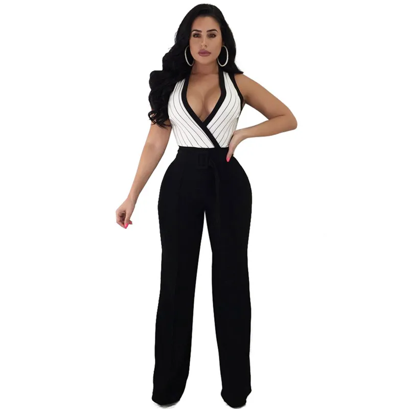 Autumn New Striped Print Sleeveless Wide leg Ladies Jumpsuit Tight-fitting Tie-up Trousers | Женская одежда