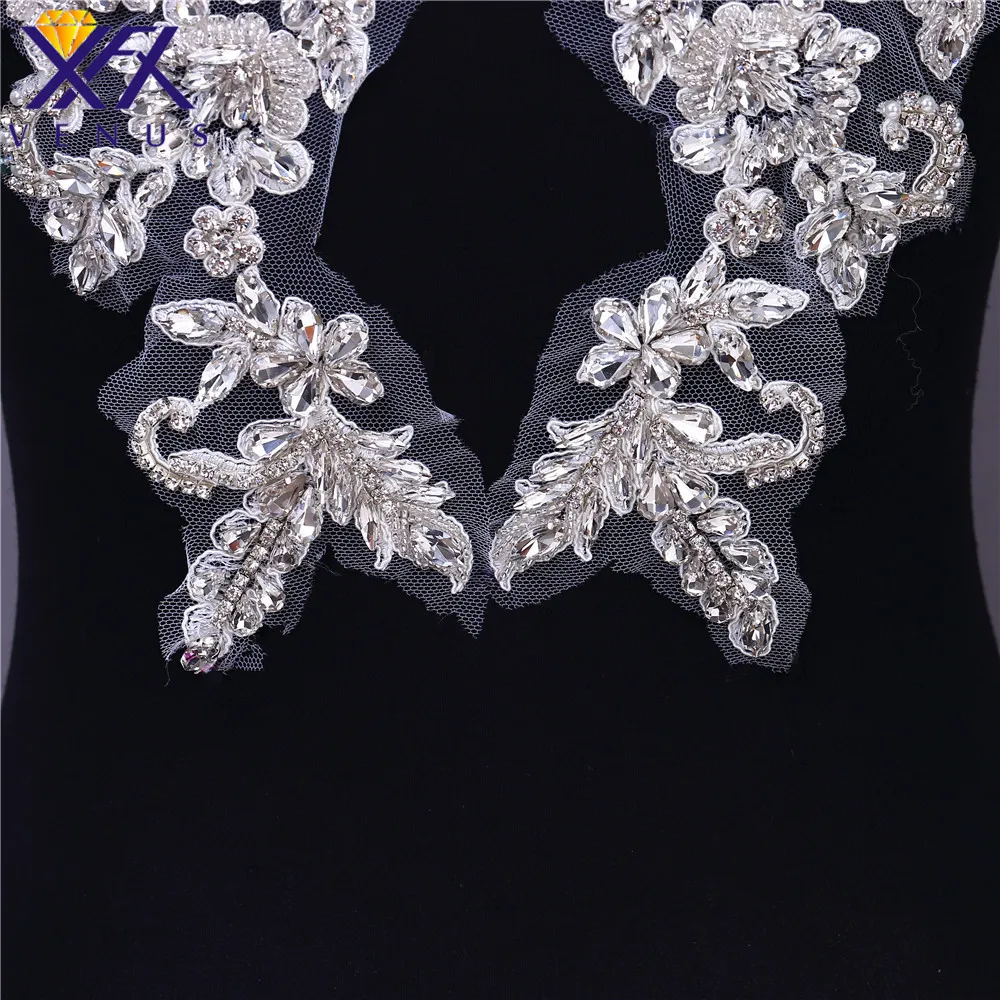 

XFX VENUS 1 Pair Hand-sewn Modal Applique Beaded Patch Motif Rhinestone Bridal Patches For Wedding Dresses