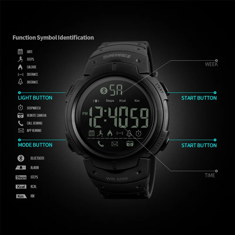 SKMEI Men's Sport Smart Watches Multifunction 5Bar Waterproof Bluetooth Pedometer Calorie Reminder Digital Wristwatches Clock | Наручные