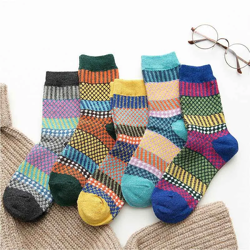 5-color mixing Новые женские зимние толстые теплые цветные шерстяные носки, модные повседневные хлопковые носки в стиле Харадзюку, 5 пар - Цвет: 5-color mixing